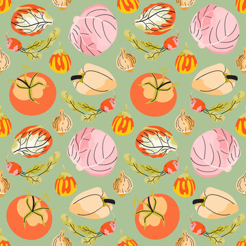 Vegetables seamless pattern. Flat colorful cabbage, tomato, pepper and eggplant background for farmers market, vegan menu, print design, kitchen textile