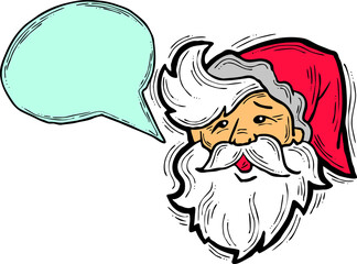 Santa Claus talking speech. Christmas and New Year frame for announcement, sale promotion, greeting message, chat. Text bubble frame template design. Hand drawn comic cartoon style illustration.