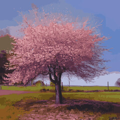Obraz na płótnie Canvas Realistic sakura tree. Elegant Japanese character. Flowering plant with pink flower petals on a green meadow. Asian cultural symbol. Floral spring decoration design. Vector illustration.