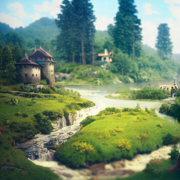 colorful fantasy village illustration. High quality illustration