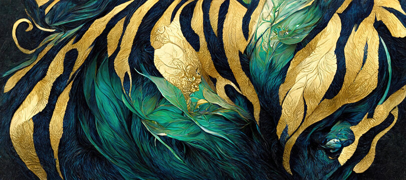 Fototapeta Spectacular abstract concept design features teal and gold fur and pelts that are arranged in a pattern that resembles turbulent liquid wavy ink churning together. Digital art 3D illustration.