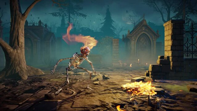 Halloween burning skeleton at graveyard
