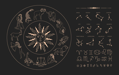 Star signs of the zodiac. vector illustration. Astrological drawing of the constellations. on a black background. planet designs. Read the natal chart. magic illustration. Astrological forecast.  - obrazy, fototapety, plakaty
