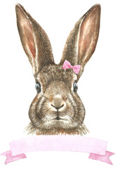 Happy Easter Watercolor bunny illustration card printable..Cute baby rabbit drawing, realistic, detailed animal head,face,portrait. Nursery animal, print, greeting card, Easter,spring ,egg hunt, card 