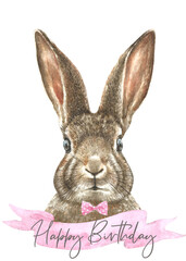 Happy Birthday Watercolor bunny illustration card printable..Cute baby rabbit drawing, realistic, detailed animal head,face,portrait. Nursery animal, print, greeting card,Easter,spring ,egg hunt card 