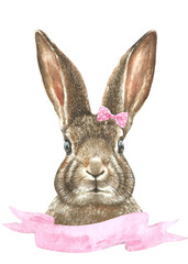Happy Easter Watercolor bunny illustration card printable..Cute baby rabbit drawing, realistic, detailed animal head,face,portrait. Nursery animal, print, greeting card, Easter,spring ,egg hunt, card 