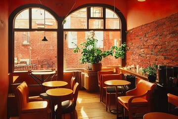 Fototapeta na wymiar Cafe hall with plants and vaulted windows interior illustration