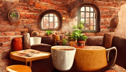 Fototapeta na wymiar Cafe hall with plants and vaulted windows illustration 