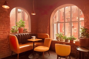 Warm and cozy interior coffee house with large windows illustration