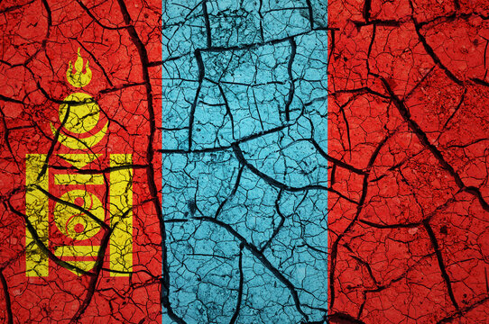 Dry soil pattern on the flag of Mongolia. Country with drought concept. Water problem. Dry cracked earth country.	