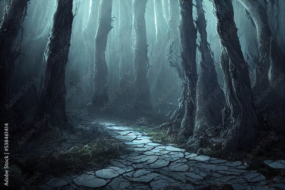 Wall mural Magic portal between tree trunks in a deep dark forest, fog in the thicket of the forest 3d illustration