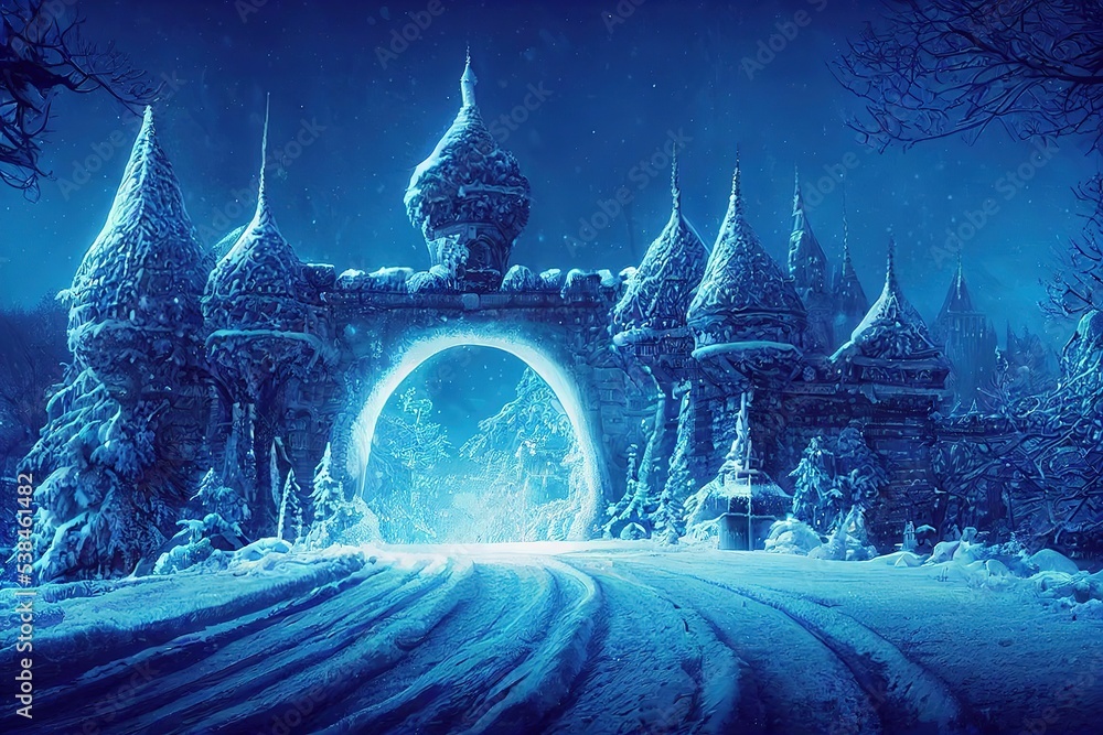 Sticker Magic portal with a fairy tale castle in a blue glow on a winter night 3d illustration