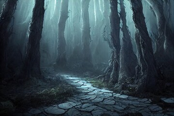 Magic portal between tree trunks in a deep dark forest, fog in the thicket of the forest 3d illustration - obrazy, fototapety, plakaty