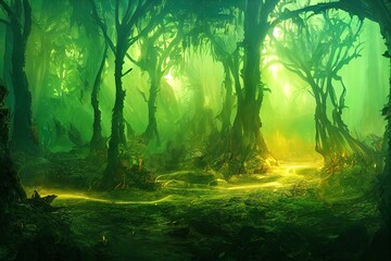Magical portal in the forest or jungle, mysterious landscape background with glowing gates with yellow plasma in deep forest with trees and lianas and misty haze 3d illustration - obrazy, fototapety, plakaty