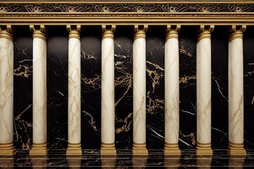Arches in a wall of black marble and columns with golden decor on a dark background 3d illustration - obrazy, fototapety, plakaty