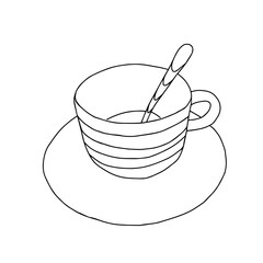 Black hand drawing illustration of a cup with a spoon and hot tea or coffee isolated on a white background