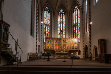 Fototapeta na wymiar pulpit, choir and double-winged altar of the Jacobi Church in Goettingen