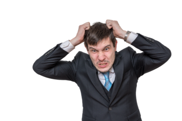Isolated angry man in suit on transparent background.