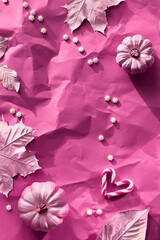 Autumn magenta background with painted maple leaves, pumpkins and rows of sugar sprinkles. Vibrant monochromatic vertical backdrop, stories for social media.