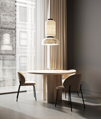 Dining area near window in modern interior living room, 3d rendering