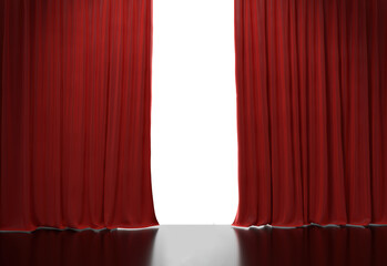 Opening red curtains in theater stage with transparent background. - obrazy, fototapety, plakaty