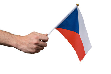 Tourist is holding czech flag in hand on transparent background.