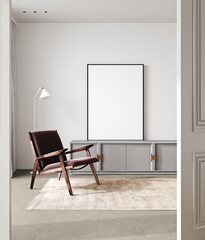 mock up poster frame in modern light interior background, living room, Scandinavian style, 3D render, 3D illustration