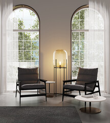 Classic stylish interior with modern furniture and arch window, 3d render