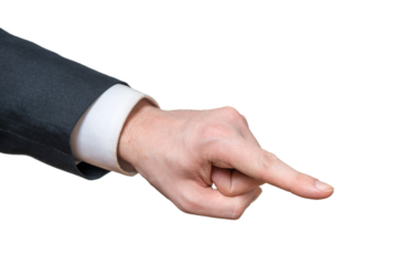 Hand of man in suit pointing right with finger on transparent background.