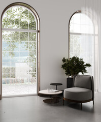 Modern interior have big arch window with garden view and stylish chair, 3d rendering