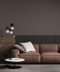 Dark luxury interior with leather sofa, empty brown wall, 3d rendering