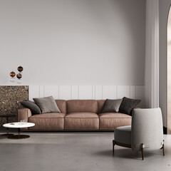 Modern minimalist living room interior mock up with brown sofa and armchair, gray living room interior background, scandinavian style, living room in beige tones, 3d rendering