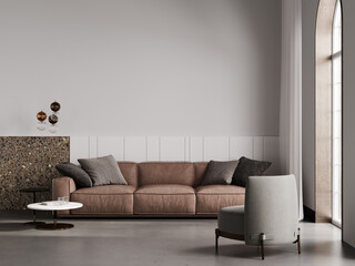 Living room interior mock up, modern furniture and arch window with leather sofa and armchair, 3d render