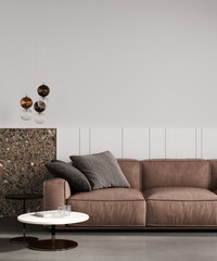 Modern room interior background with beige wall and stylish brown sofa, black light wall mockup, 3d rendring