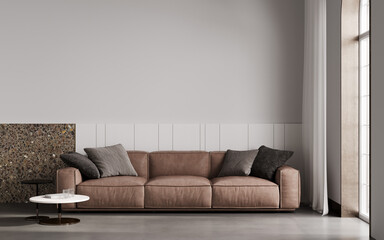 Scandinavian style living room interior mock up, modern living room interior background, brown leather sofa, 3d rendering