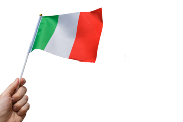 Tourist is holding Italian flag in hand on transparent background.