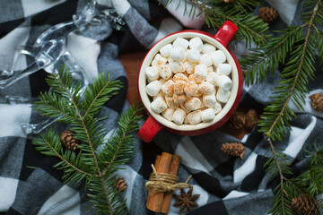 Hot chocolate surrounded by christmas items