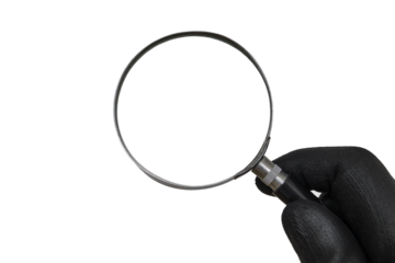 Detective with black glove is holding magnifying glass in hand.