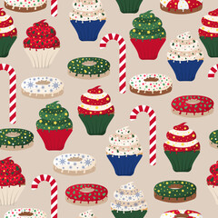 Seamless pattern with Christmas baking. Delicious holiday sweets.Pattern with changeable beige background. Candy canes, cupcakes and donuts. Cute ornament for print, textile.