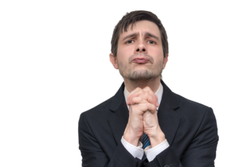 Businessman is begging for help. Isolated on transparent background.