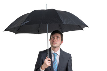 Businessman is holding black umbrella. Isolated on transparent background.