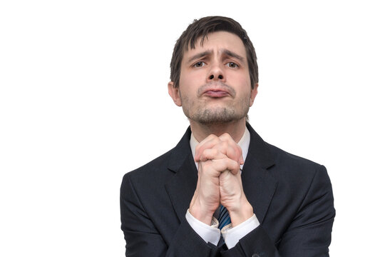 Businessman is begging for help. Isolated on transparent background.