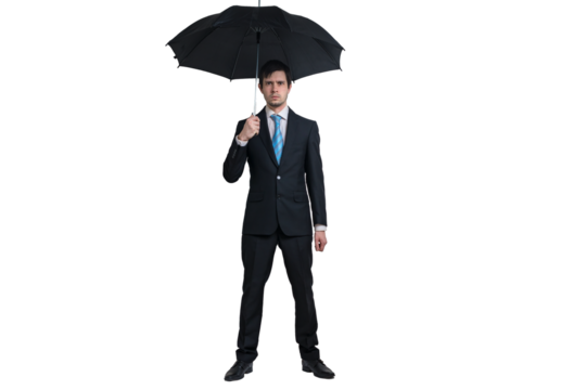 Businessman is holding black umbrella. Isolated on transparent background.