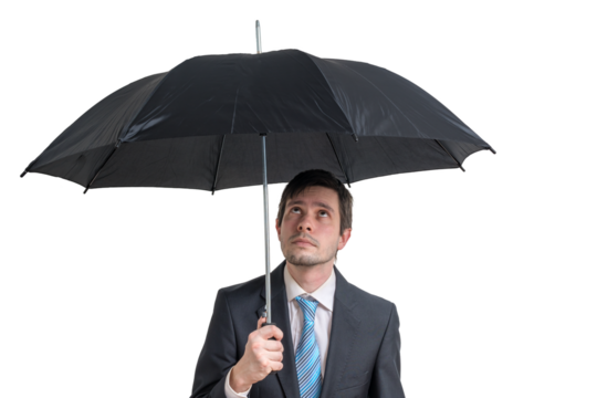 Businessman is holding black umbrella. Isolated on transparent background.