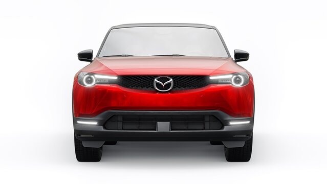 Tokyo, Japan. October 12, 2022. Mazda MX-30 2021. Electric innovative Japanese SUV in metallic red on a white background. 3d rendering.