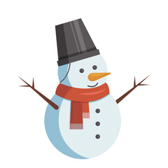 Cute snowman with a bucket on his head and a red scarf. Isolated vector illustration in flat style.