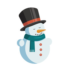 Snowman with a hat and knitted scarf. Christmas cute character in cartoon flat style. Isolated vector illustration.