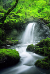 Woodland waterfall with green moss