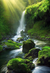 Wasserfall mit Felsen und grünem Moos im Wald