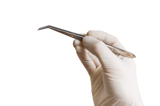 Researcher is holding steel tweezers in hand. Isolated on transparent background.